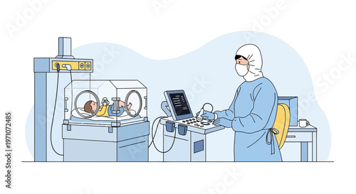 Neonatal Intensive Care Unit: Premature Baby in Incubator with Medical Staff and Equipment