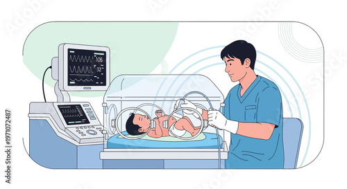 Neonatal Intensive Care: Nurse Monitors Premature Baby in Incubator with Medical Equipment