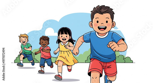 Diverse group of children running happily in a race outdoors.