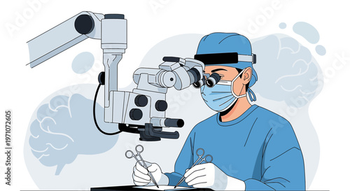 Neurosurgeon Performing Brain Surgery with Microscope and Surgical Instruments