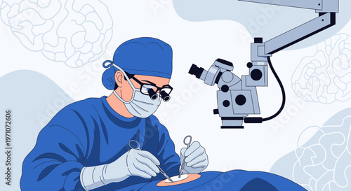 Neurosurgeon Performing Brain Surgery with Microscope in Operating Room