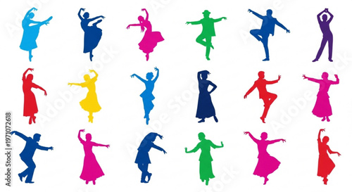 Colorful silhouettes of dancing women in various poses on white background representing joy and cultural celebration