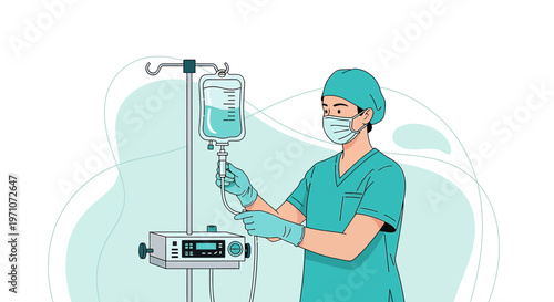 Nurse Adjusting IV Drip Bag and Infusion Pump for Patient Care