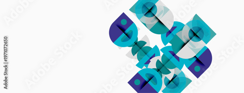 Abstract geometric design. Overlapping squares create dynamic visual pattern. Teal, white, purple hues dominate composition. Minimalist aesthetic.