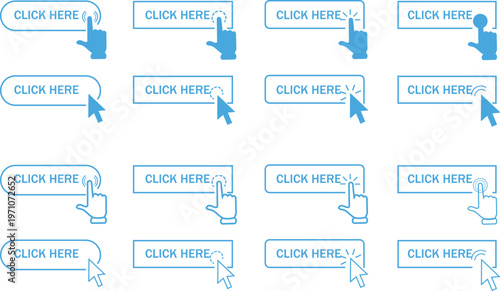 User interface elements set of clickable buttons with hand and cursor icons for app design