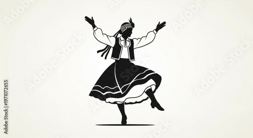 Traditional dancer in folk costume performing energetic dance move on neutral background