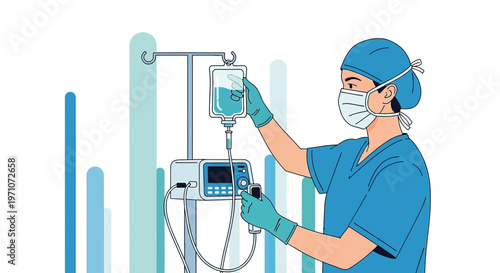 Nurse Adjusting IV Drip Bag and Infusion Pump in Hospital Setting