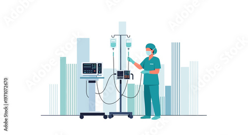 Nurse Adjusting IV Drip Beside Medical Equipment and Cityscape Background