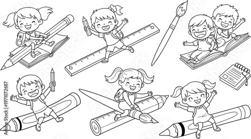 Cute school kids riding pencils and books vector set with rulers, paintbrush, learning tools, playful outline illustration design