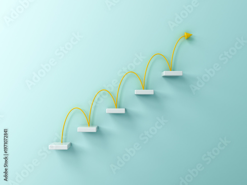 Abstract stairs or 5 steps the business concepts or the progress jumping up steps with yellow curve arrow isolated on light green blue pastel color wall background 3D rendering