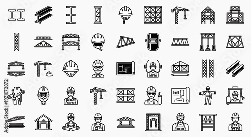 Construction Industry Icons Set Building Structure Engineering Architecture And Workers Elements In Outline Style