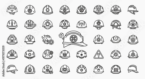 Collection of outline icons representing safety hard hats and construction helmets with tools, a diverse set of industrial safety symbols
