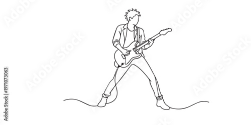 Single line drawing rock guitarist.continuous line drawing of guitarist playing electric guitar on stage.music performance concept.one line vector illustration
