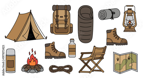 Flat Outline Vector Icons Set of Camping and Hiking Gear for Outdoor Adventures