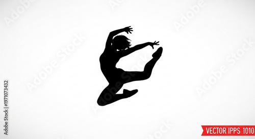 Silhouette of a person dancing energetically in a dynamic pose with arms and legs extended on white background