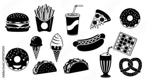 Black  White Fast Food Glyph Icons Set. Snacks, Burgers, Desserts  Drinks Collection.