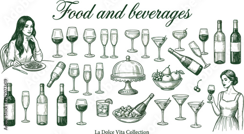 Elegant food and beverage vintage illustration set with wine glasses bottles desserts and restaurant lifestyle elements