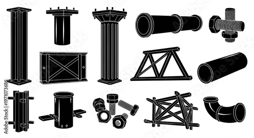 Construction Industrial Elements Black  White Glyphs - Structural Components  Pipe Fittings