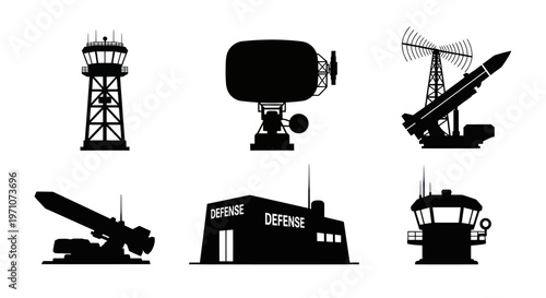 Military Defense Systems and Installations Silhouette Vector Icons Set