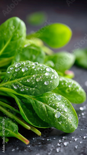 Macro shot of fresh baby spinach leaves covered in crystal clear water droplets. Perfect for themes of organic cooking, healthy lifestyle, and farm-to-table freshness. AI generated