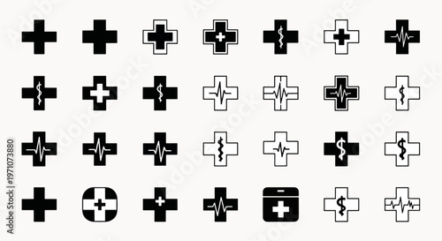 Collection of Medical Cross Icons Health Care Symbols Plus Sign Heartbeat and Caduceus Snake Graphics