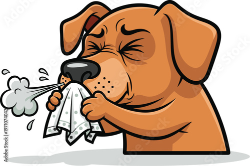 A cartoon dog blowing its nose into a tissue with a snot bubble coming out