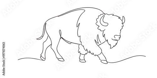 single line bison.continuous line drawing of standing bison with hump and horns.wildlife animal concept.one line vector illustration.