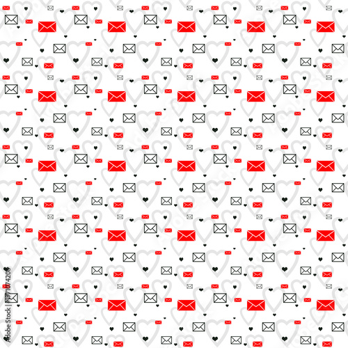 Seamless pattern with white hearts and red love letters on transparent background