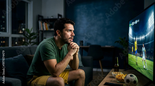 Man watching television anxiously with clasped hands in a dim living room