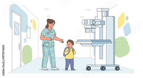 Nurse Guides Child with Backpack Towards Medical Imaging Machine in Hospital Hallway