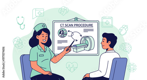 Nurse Explains CT Scan Procedure to Patient with Medical Diagram