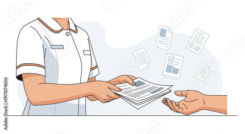 Nurse handing medical documents to patient, healthcare, hospital, medical records, patient care