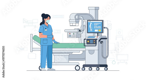 Nurse in Medical Mask Operating Advanced X-Ray Machine in Hospital Room