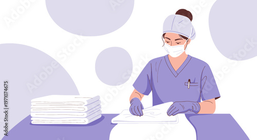 Nurse Folding Laundry in Hospital Room, Healthcare Worker Hygiene and Cleanliness