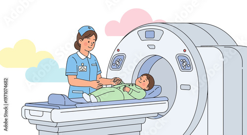 Nurse assisting child undergoing CT scan in modern medical imaging room