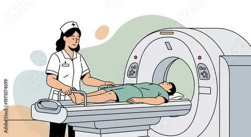 Nurse Assisting Patient in CT Scanner for Medical Imaging Procedure