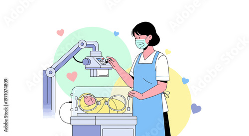 Nurse Cares for Newborn in Incubator with Phototherapy Lamp