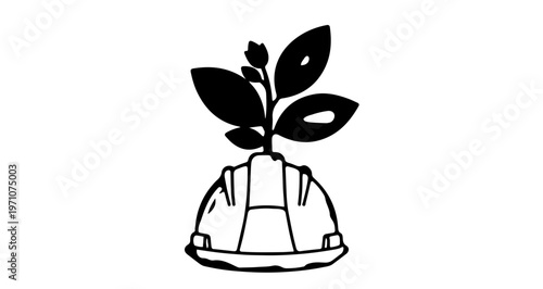 Green plant sprout growing from construction hard hat, eco-friendly building and sustainable architecture concept