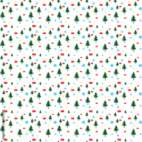 seamless pattern with green pine trees and red envelopes