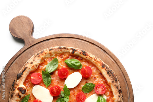 Wooden board with tasty piz...