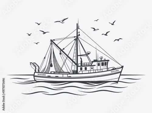 Minimalist Fishing Boat Vector Illustration with Seagulls – Commercial Trawler Marine Design