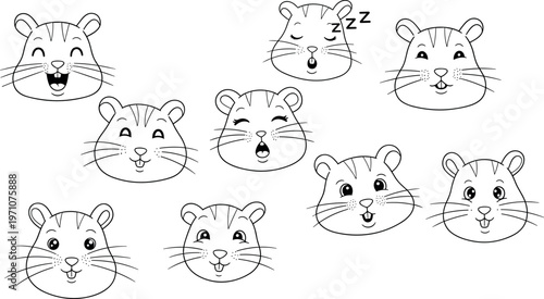 Cute tiger cub faces vector set with different emotions, cartoon animal expressions, playful outline illustration collection