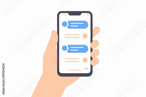 Hand holding smartphone with messaging app interface displayed on screen