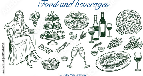 Elegant vintage dining scene with woman wine desserts seafood pizza and classic food beverage engraving illustration