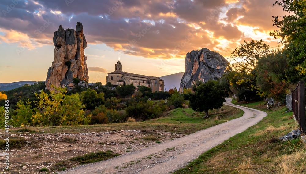 Obraz premium Scenic Landscape with Ancient Structures and Winding Road.