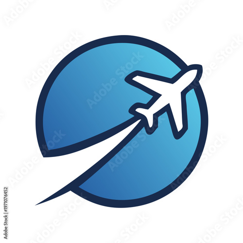 Logotipo agencia de viajes. Dibujo sencillo con líneas de un avión de pasajeros con estela con un círculo de color azul