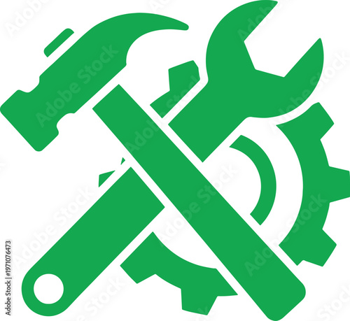 Green wrench and gear on white background
