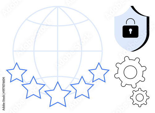 Online security, international safety, data protection, software maintenance, digital systems, technology solutions. Globe with stars, shield with lock gear symbols. Cybersecurity and data