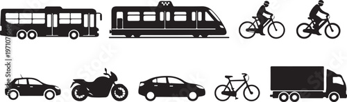 city transport bus metro taxi bike silhouette set black