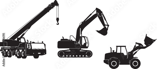 construction transport crane truck excavator loader silhouette set black